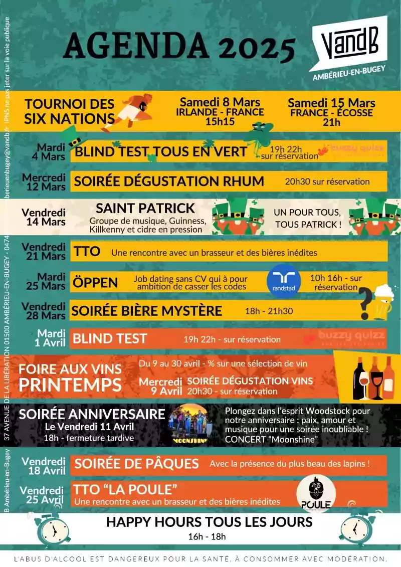 V and B - Agenda de mars et avril 2025